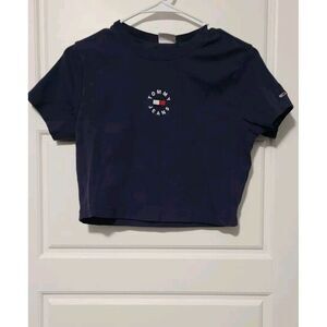 Tommy Hilfiger Logo Crop Top T-shirt Navy Blue‎ Crew Women's Size Large